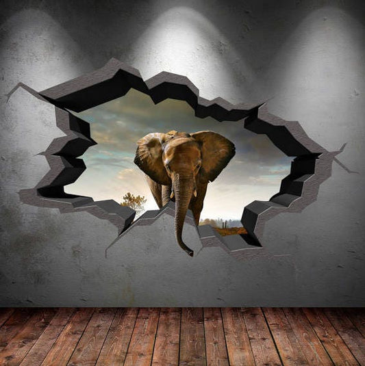 ELEPHANT WALL DECAL, Safari Kids Décor, Big Elephant Sticker, Hole In Wall Decal, 3D Safari Decal, Children Wall Mural