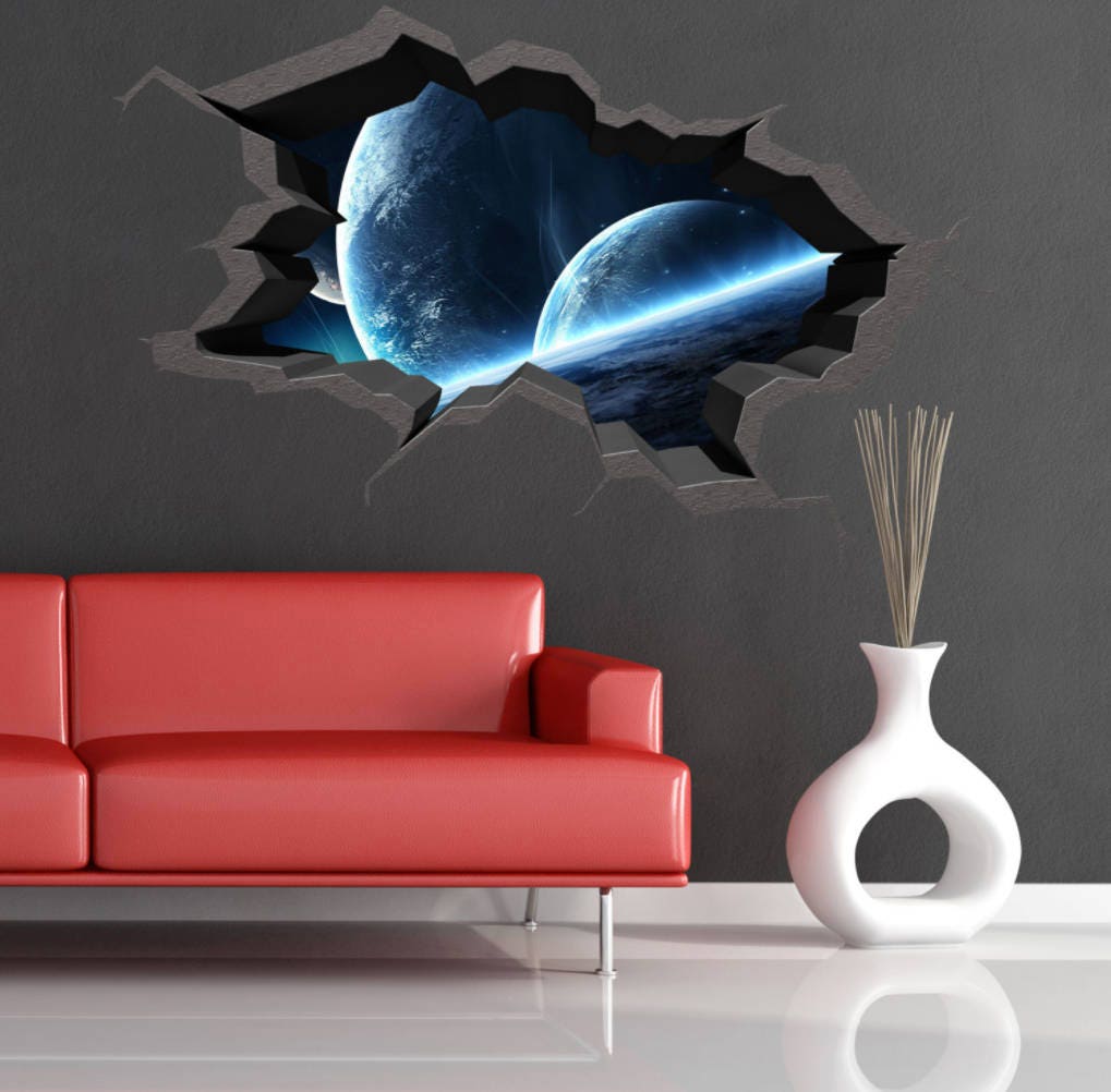 Wall Decal Earth Moon Space Planet Galaxy Cracked 3d Wall Sticker Stars Mural Decal Graphic Wall Art Boys Bedroom Wall Sticker MYS567