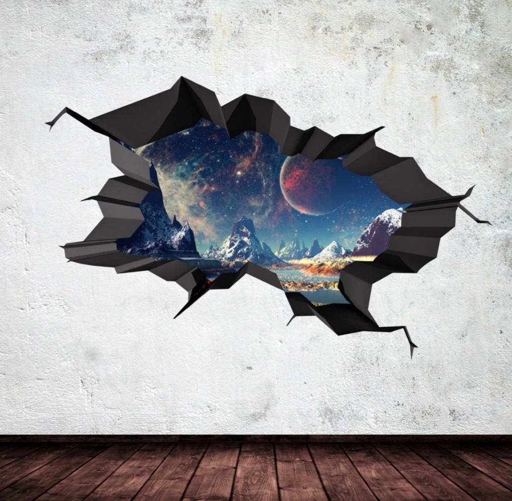 Earth & Moon Wall Decal, Space Decal, Galaxy Wall Art, Space Room Décor, 3d Wall Stickers, Vinyl Wall Mural