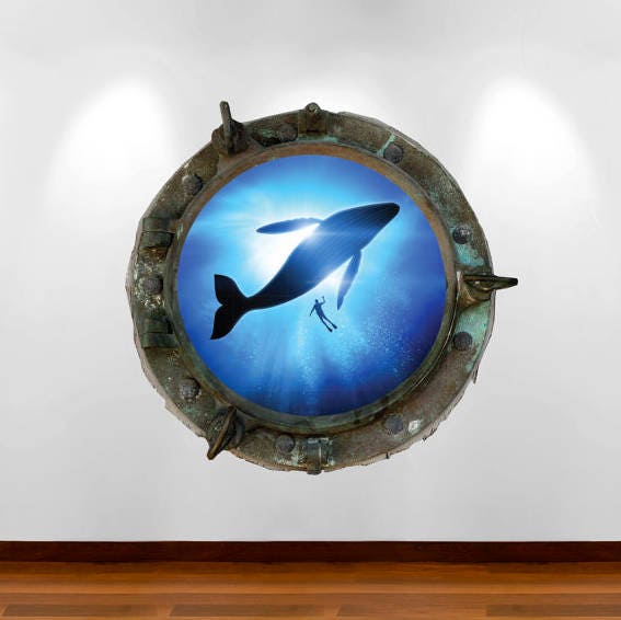 Whale Porthole Wall Decal - Ocean Window Sticker - Kids Room Decor - Removable Underwater Art - Peel and Stick Mural