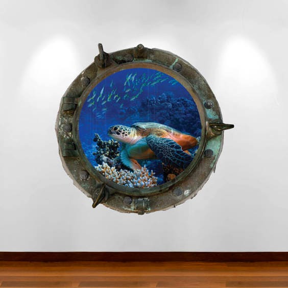 Turtle Porthole Wall Decal - Ocean Window Sticker - Kids Room Decor - Removable Underwater Art - Peel and Stick Mural