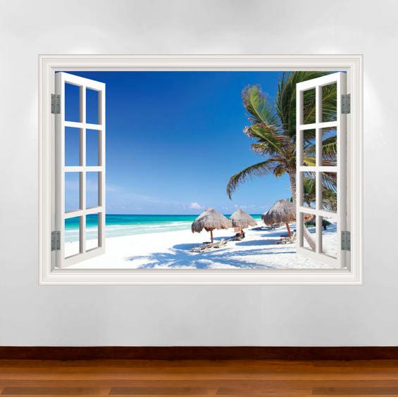 Beach Wall Decor, Ocean Window Frame Wall Decal, 3D Window Wall Art, Beach Scene Sticker, Palm Trees Wall Decor, Seascape Beach Mural