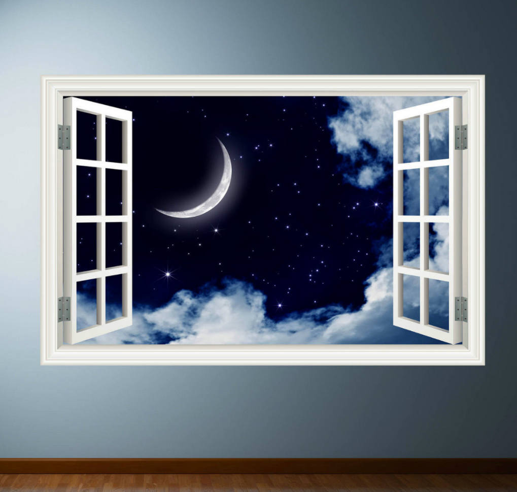 Night Sky Wall Decal - Stars and Crescent Moon Window Frame Mural - Peaceful Wall Art Sticker - Celestial Home Decor for Cosmic Ambiance