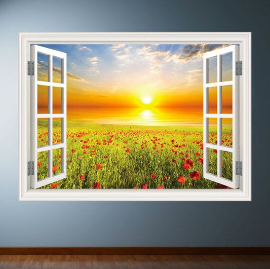 NATURE WINDOW DECAL, Wall Decal Mural, Field Wall Decal, Poppy Wall Decal, Nature Room Décor, Sunrise Wall Mural