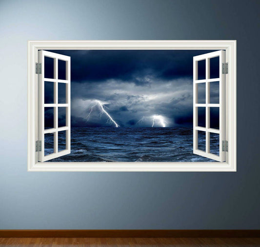 LIGHTNING WALL DECAL, Window Frame View, Stormy Sea Decal, Sea Wall Stickers, Ocean Wave Mural, Wall Art Sticker