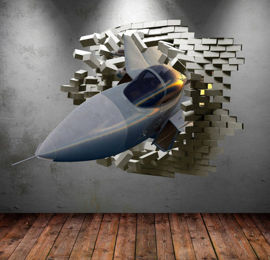 FIGHTER JET STICKER, Fighter Jet Sticker, Cracked Wall Decal, Vinyl Plane Decal, Mural Wall Decal, 3d Jet Sticker