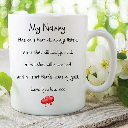 NANNY COFFEE MUG, Family Quote Mug, Heart Print Mug, Cute Family Gifts, Mug For Nanny, Grand Parents Mug, Ceramic Tea Cup