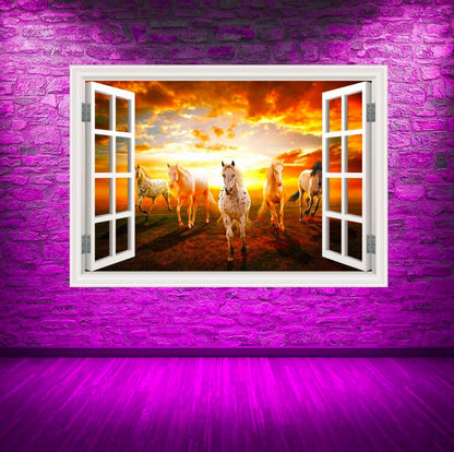 HORSE WINDOW DECAL, Clouds Wall Decal, Running Horse Decal, Sunset Wall Mural, Animal Wall Mural, Adhesive Wall Mural