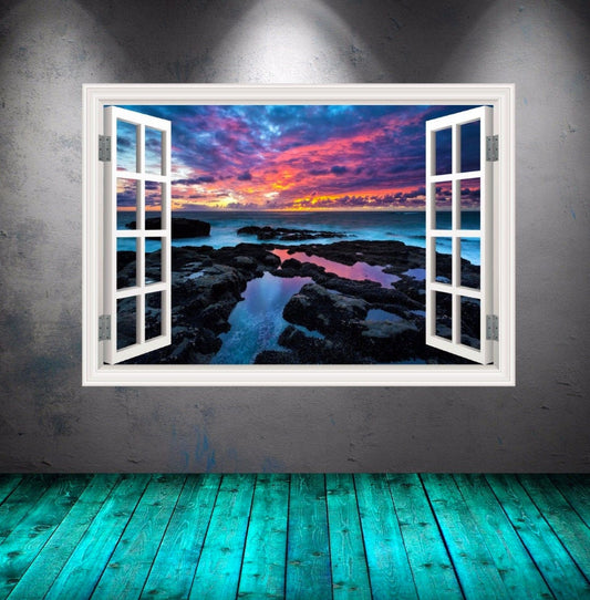 SEA WALL MURAL, Rocks Sticker, Sunset Wall Mural, Landscape Decal, Window View Sticker, Nature Room Decorations, Ocean View Decal