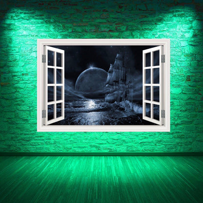 Ghost Ship Window Frame Wall Decal, Removable Vinyl Decal, Peel and Stick, Fantasy Art Decor for Bedroom, Living-Room, Kids or Any Room