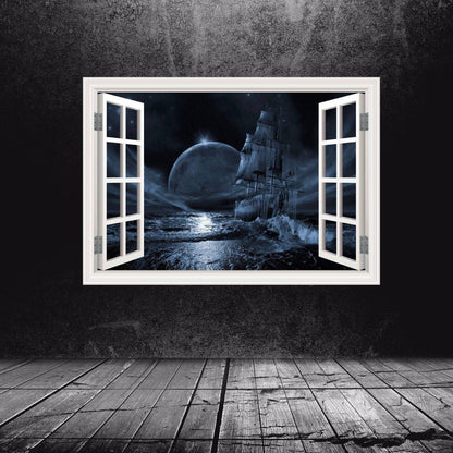 Ghost Ship Window Frame Wall Decal, Removable Vinyl Decal, Peel and Stick, Fantasy Art Decor for Bedroom, Living-Room, Kids or Any Room
