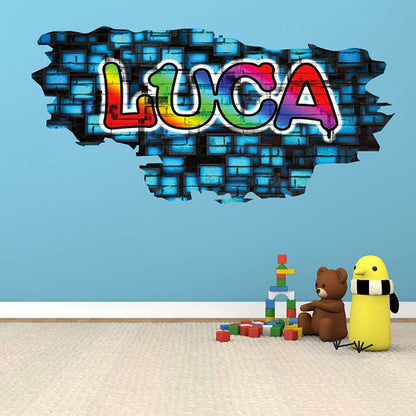 Graffiti Name Wall Decal, Colorful Brick Wall Background, Personalized Kids Rooms Decor - Hip Hop Vinyl Sticker, Street Art Design
