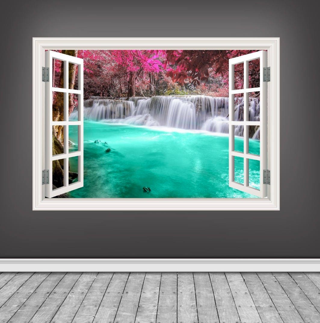 Tranquil Blue Lagoon Waterfall Window Frame Wall Art Sticker Decal - 3D Wall Mural - Nature-Inspired Home Decor - Vinyl Wall Cover