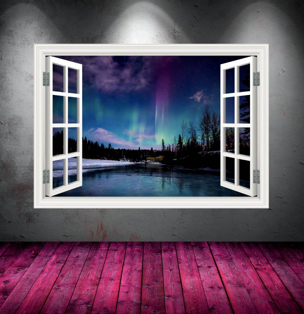 Nothern Lights Wall Decal, Aurora Borealis Decal, Window Frame Wall Art, Polar Lights Wall Sticker, Wall Mural, Room Decor