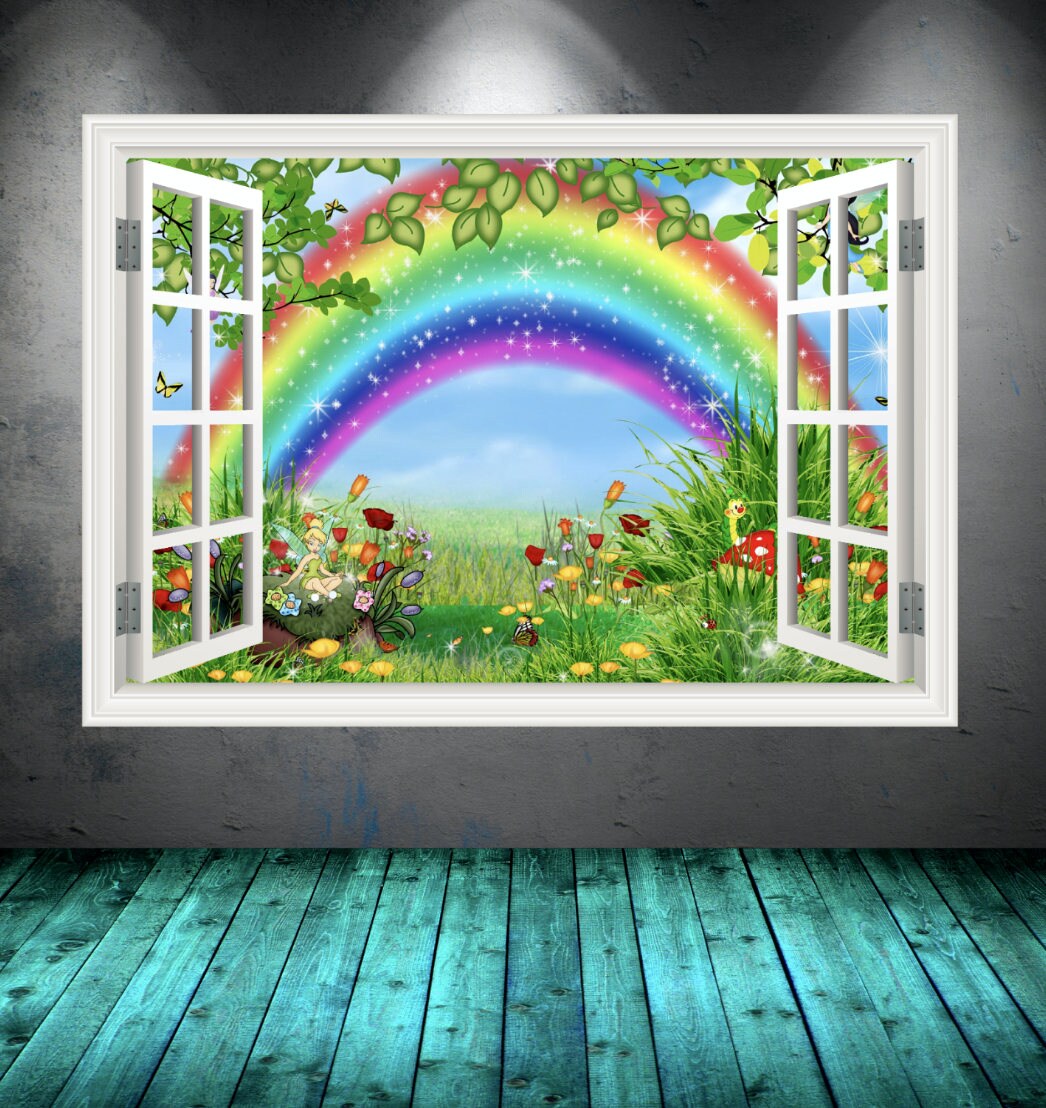 WINDOW FRAME MURAL - Rainbow Clouds Mural - Open Window Decals - Office Wall Mural - Housewarming Gift  - Handmade Wall Decal