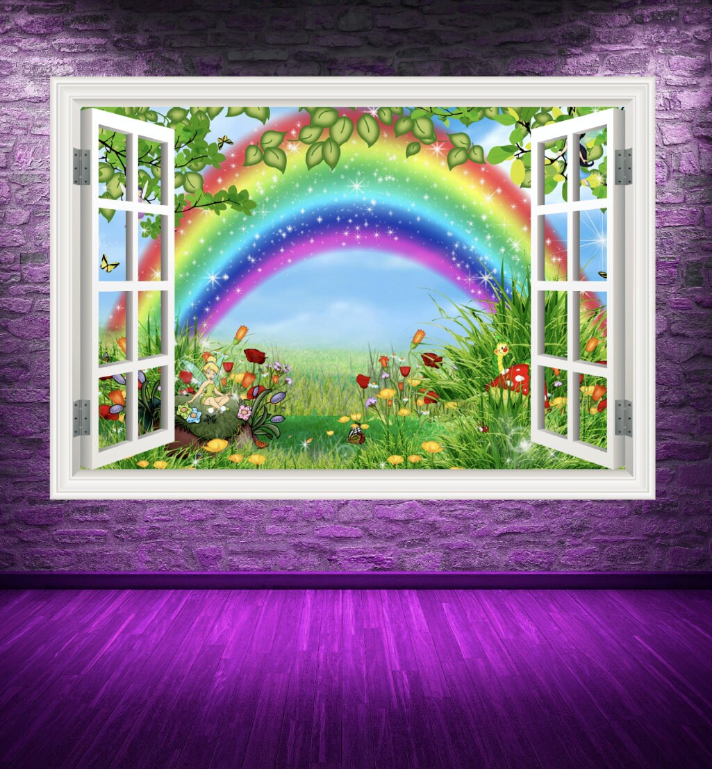 WINDOW FRAME MURAL - Rainbow Clouds Mural - Open Window Decals - Office Wall Mural - Housewarming Gift  - Handmade Wall Decal