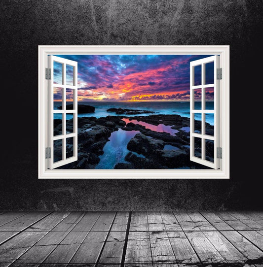 SEA WALL MURAL, Rocks Sticker, Sunset Wall Mural, Landscape Decal, Window View Sticker, Nature Room Decorations, Ocean View Decal