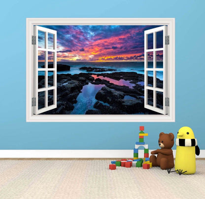 SEA WALL MURAL, Rocks Sticker, Sunset Wall Mural, Landscape Decal, Window View Sticker, Nature Room Decorations, Ocean View Decal