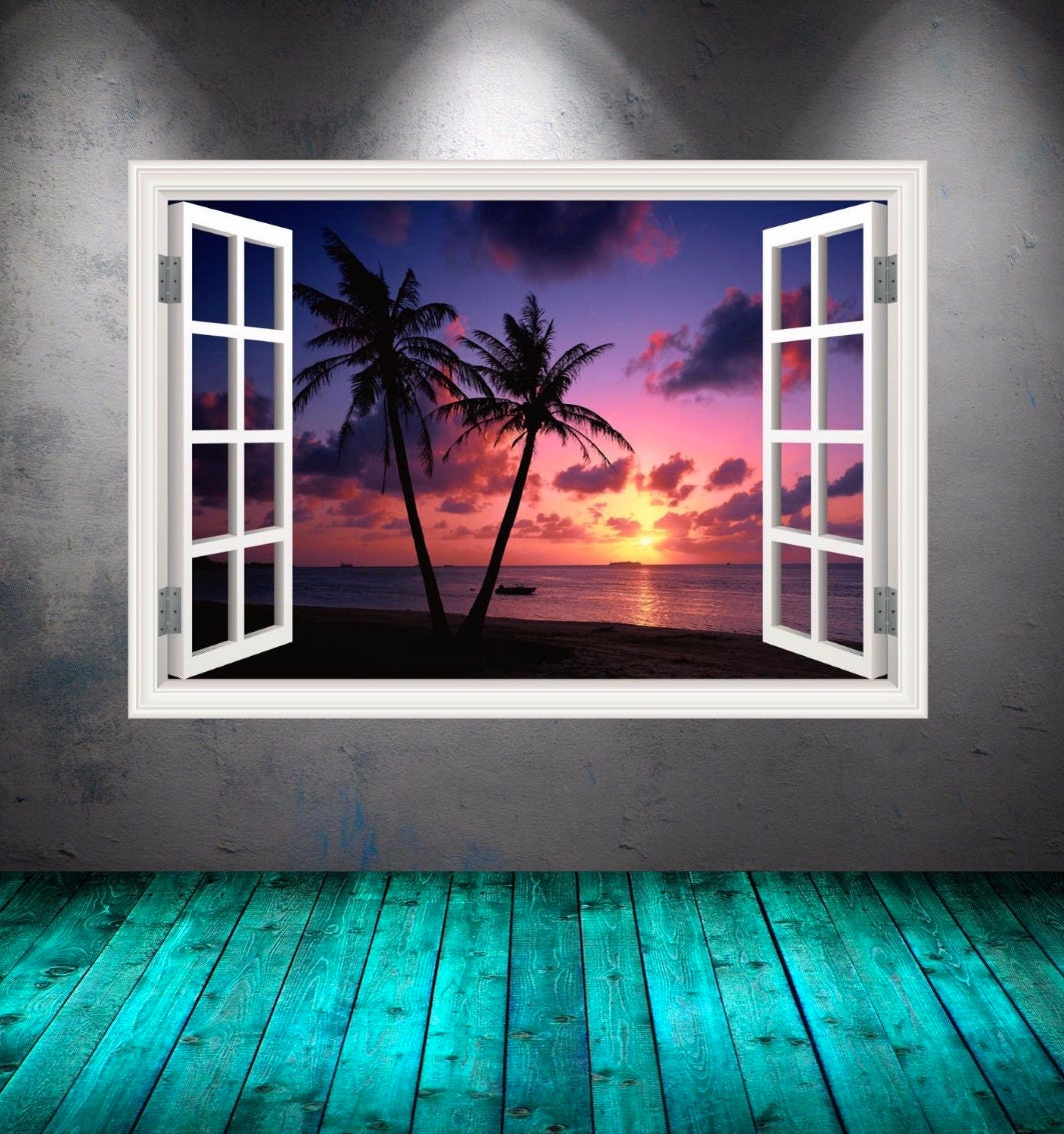 Sunset Beach Wall Decal, Ocean Window Frame Mural, Palmtree and Beach Wall Sticker, Nature Inspired Room Decor, Easy-to-Remove Wall Decal