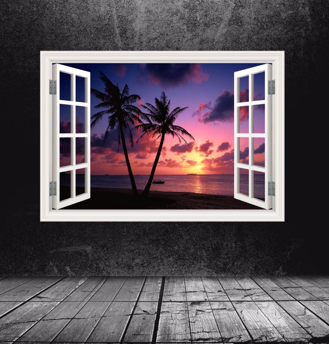 Sunset Beach Wall Decal, Ocean Window Frame Mural, Palmtree and Beach Wall Sticker, Nature Inspired Room Decor, Easy-to-Remove Wall Decal