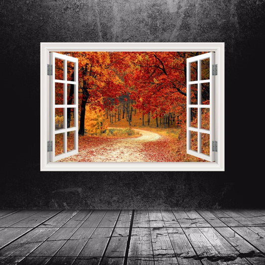 AUTUMN WALL DECAL, Tree Window Frame Sticker, Vinyl Wall Mural, Peaceful Room Decor, Removable Peel and Stick Art Decal, Fall Wall Decor