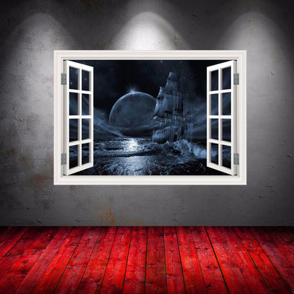 Ghost Ship Window Frame Wall Decal, Removable Vinyl Decal, Peel and Stick, Fantasy Art Decor for Bedroom, Living-Room, Kids or Any Room