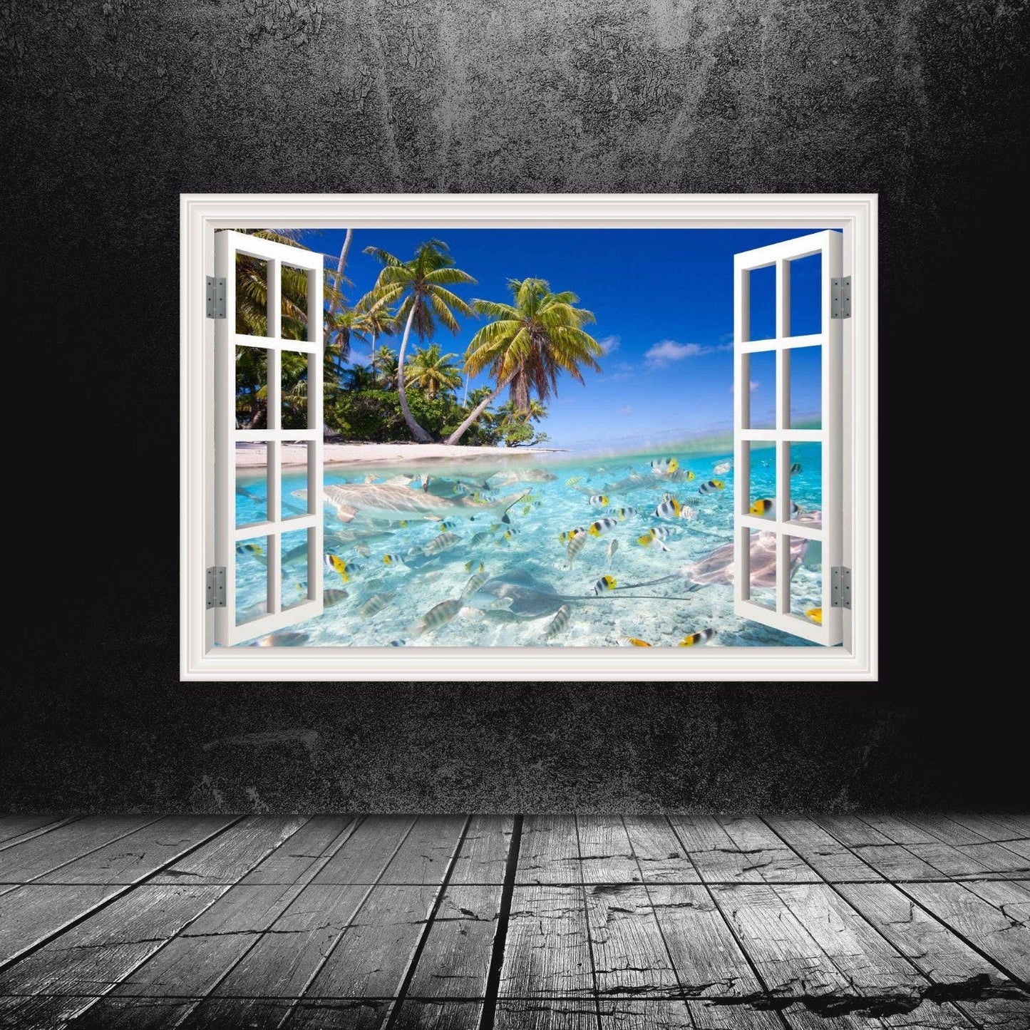 Beach Window Frame Wall Decal, Ocean Sticker, Nature Nursery Decor, Nautical Art, Removable Peel and Stick Decal