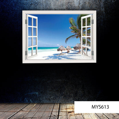 Beach Wall Decor, Ocean Window Frame Wall Decal, 3D Window Wall Art, Beach Scene Sticker, Palm Trees Wall Decor, Seascape Beach Mural