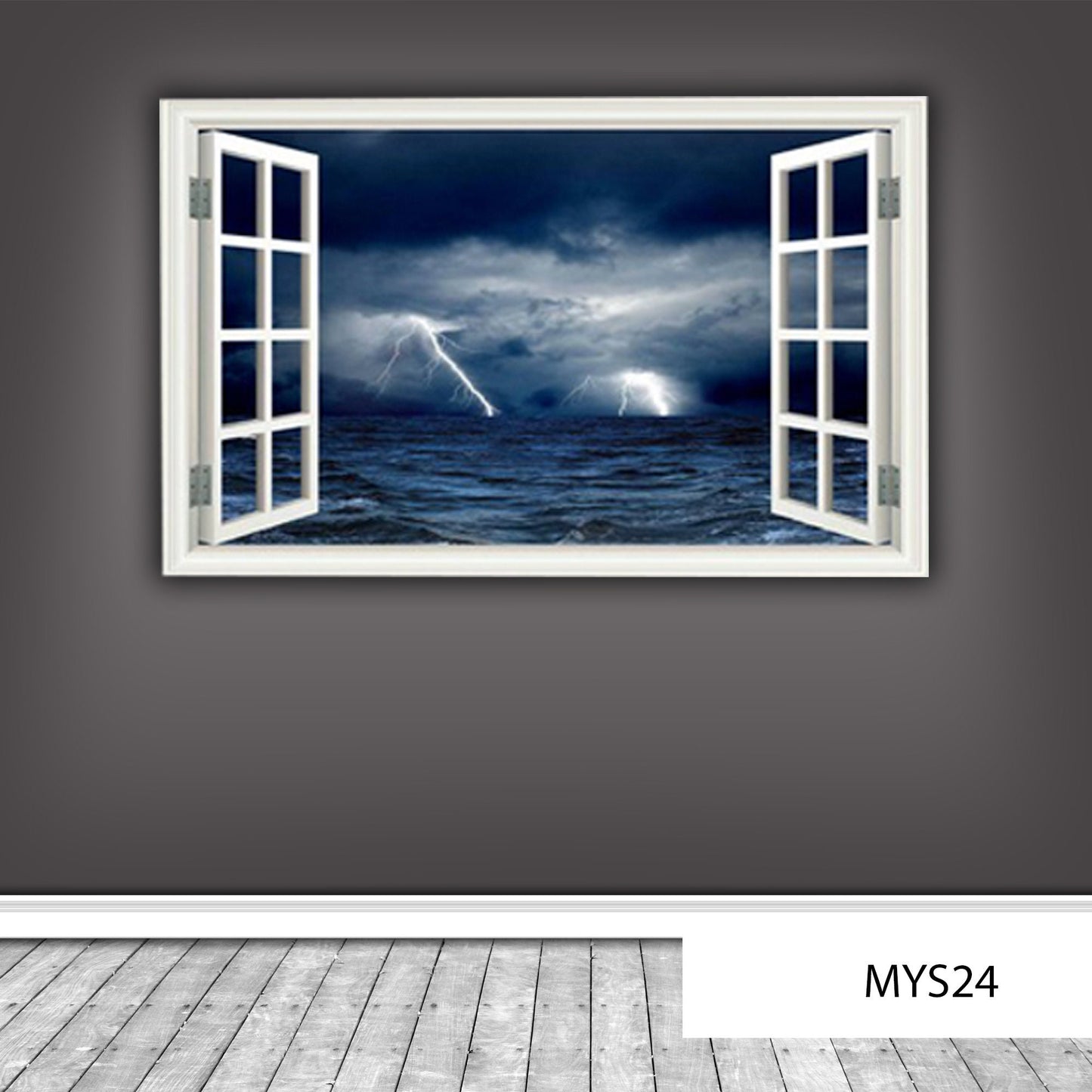 LIGHTNING WALL DECAL, Window Frame View, Stormy Sea Decal, Sea Wall Stickers, Ocean Wave Mural, Wall Art Sticker