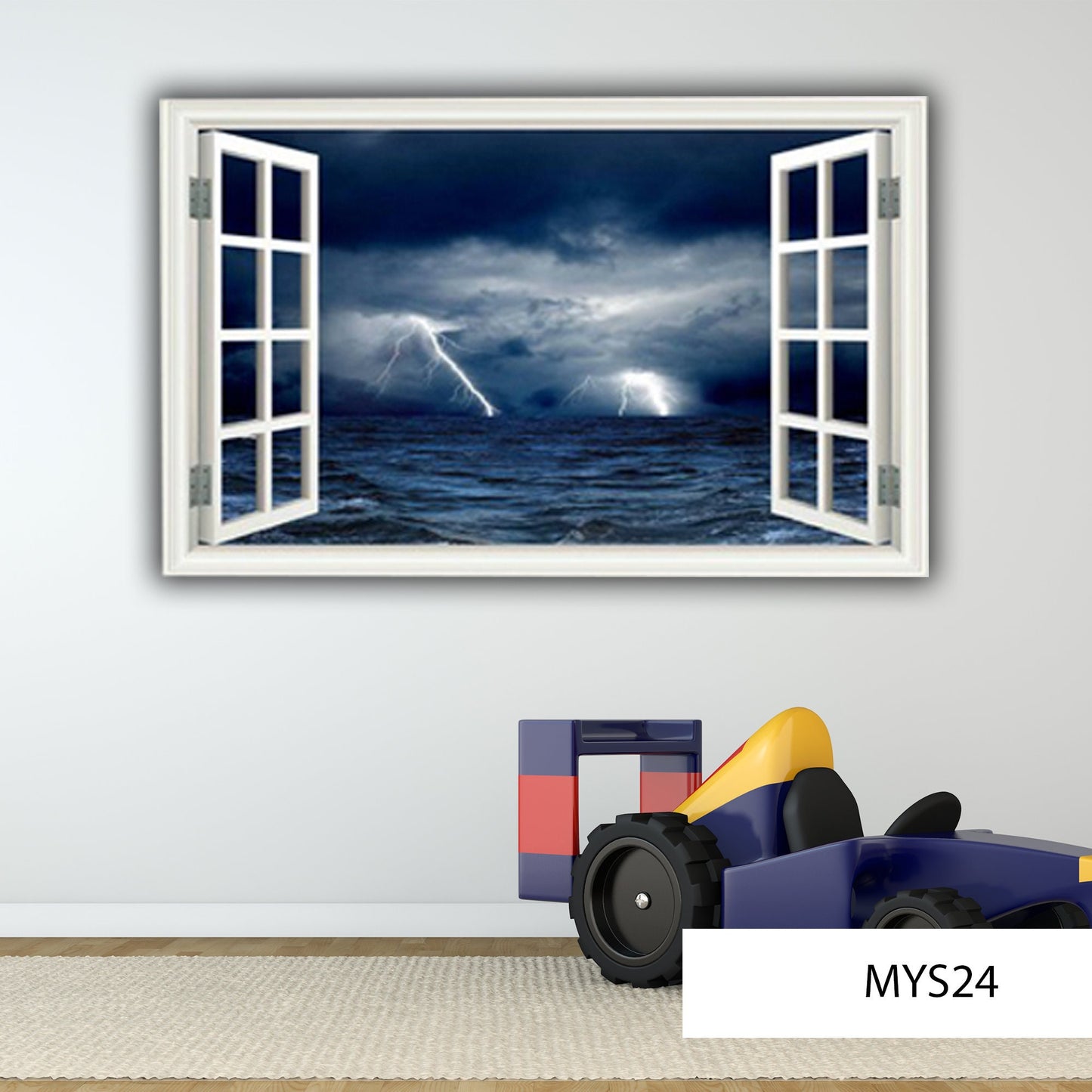 LIGHTNING WALL DECAL, Window Frame View, Stormy Sea Decal, Sea Wall Stickers, Ocean Wave Mural, Wall Art Sticker