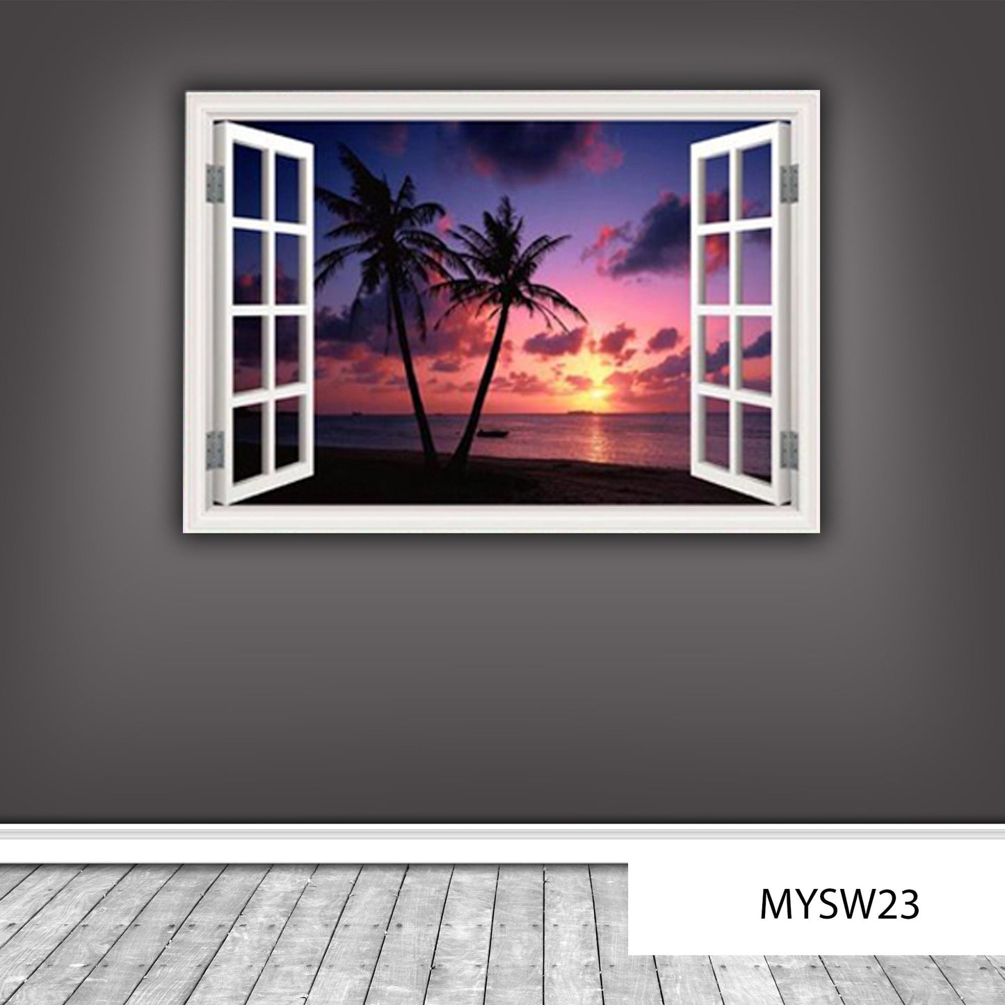 Sunset Beach Wall Decal, Ocean Window Frame Mural, Palmtree and Beach Wall Sticker, Nature Inspired Room Decor, Easy-to-Remove Wall Decal