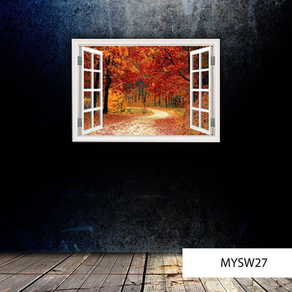 AUTUMN WALL DECAL, Tree Window Frame Sticker, Vinyl Wall Mural, Peaceful Room Decor, Removable Peel and Stick Art Decal, Fall Wall Decor