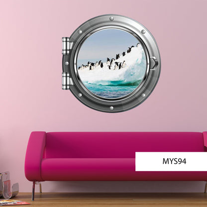 PENGUIN VINYL DECAL, Penguin Wall Décor, Arctic Ice Mural, Porthole Wall Decal, Wild Animal Sticker, Hole Penguin Decal