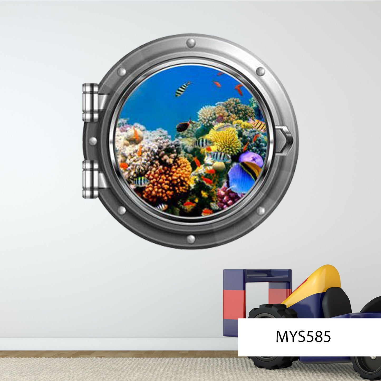 Underwater Porthole Wall Decal, Fish 3D Window Sticker, Kids Room Decor, Removable Peel and Stick Wall Art, Printed Coral Reef Mural