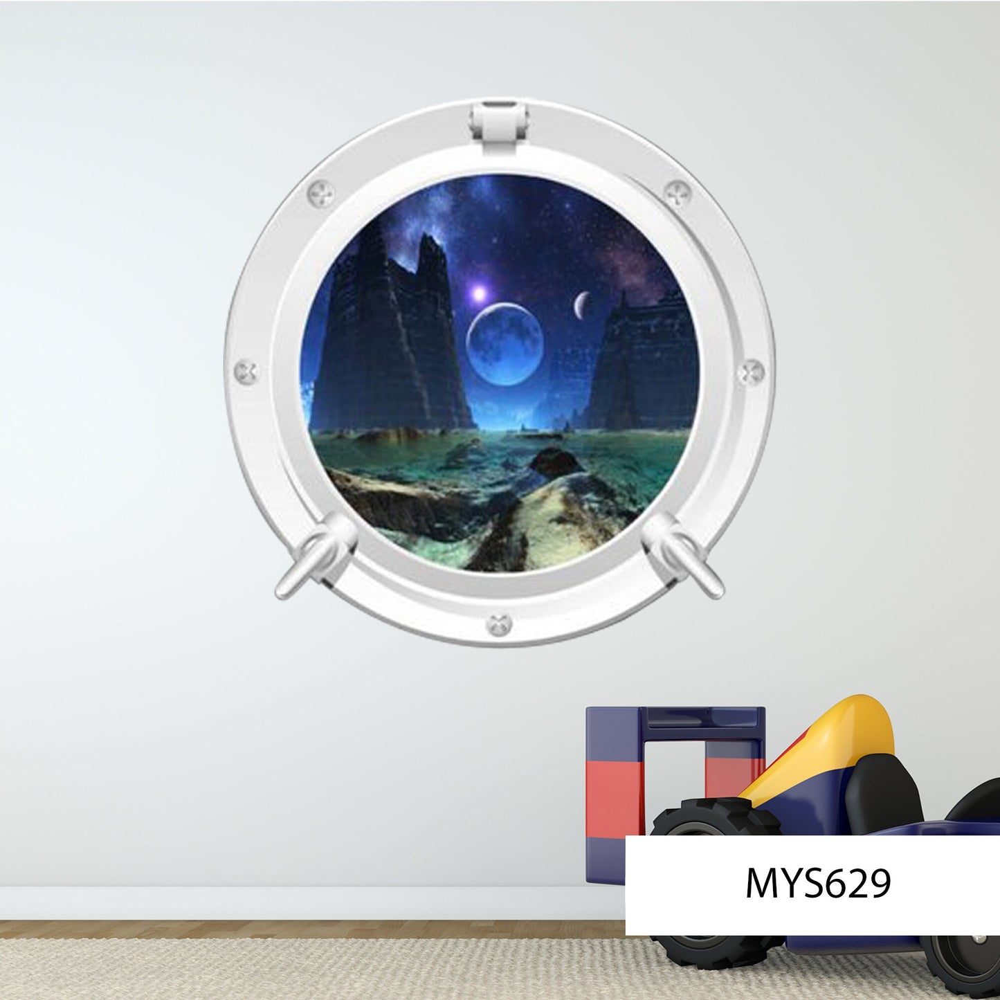 SPACE WALL STICKER, Porthole Wall Mural, Galaxy Vinyl Sticker, Earth Porthole Decal, Moon Wall Sticker, Space Room Decor