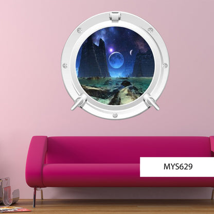 SPACE WALL STICKER, Porthole Wall Mural, Galaxy Vinyl Sticker, Earth Porthole Decal, Moon Wall Sticker, Space Room Decor