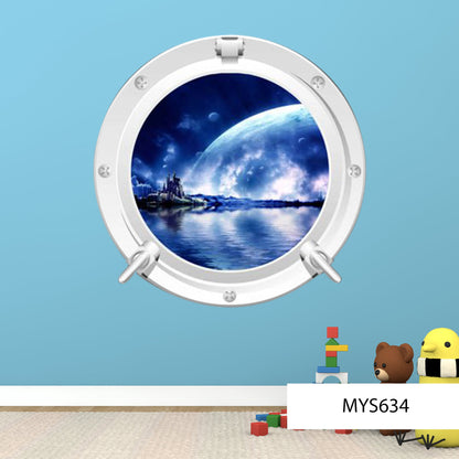 PORTHOLE WALL DECAL, Earth Wall Sticker, Window Wall Decal, Moon Wall Décor, Space Portal Decal, Space Galaxy Mural