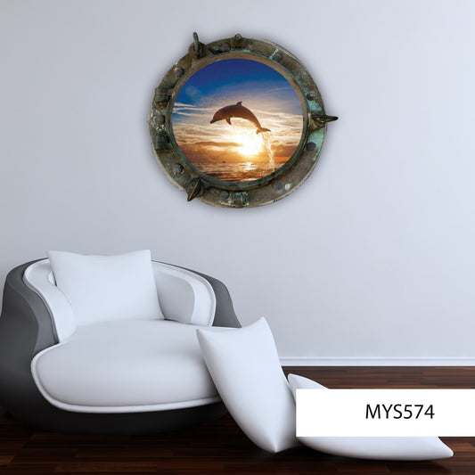 Jumping Dolphin Sunset Porthole Wall Decal, Ocean View 3D Window Sticker, Kids Room Decor, Peel and Stick Wall Art, Marine Mammal Mural