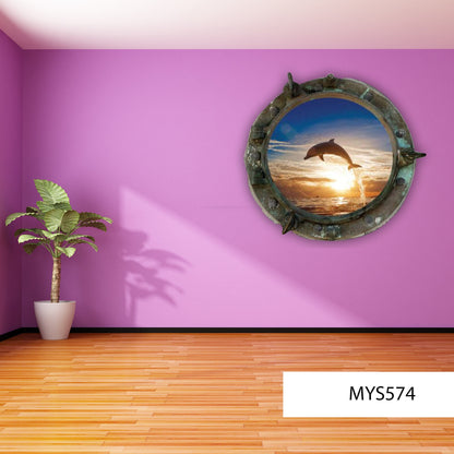 Jumping Dolphin Sunset Porthole Wall Decal, Ocean View 3D Window Sticker, Kids Room Decor, Peel and Stick Wall Art, Marine Mammal Mural