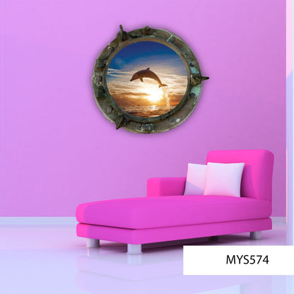Jumping Dolphin Sunset Porthole Wall Decal, Ocean View 3D Window Sticker, Kids Room Decor, Peel and Stick Wall Art, Marine Mammal Mural