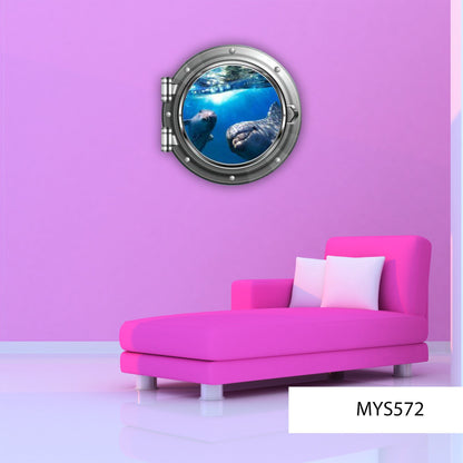 Dolphins Porthole Wall Decal, Marine Mammal 3D Window Sticker, Kids Room Decor, Removable Peel and Stick Wall Art, Printed Underwater Mural