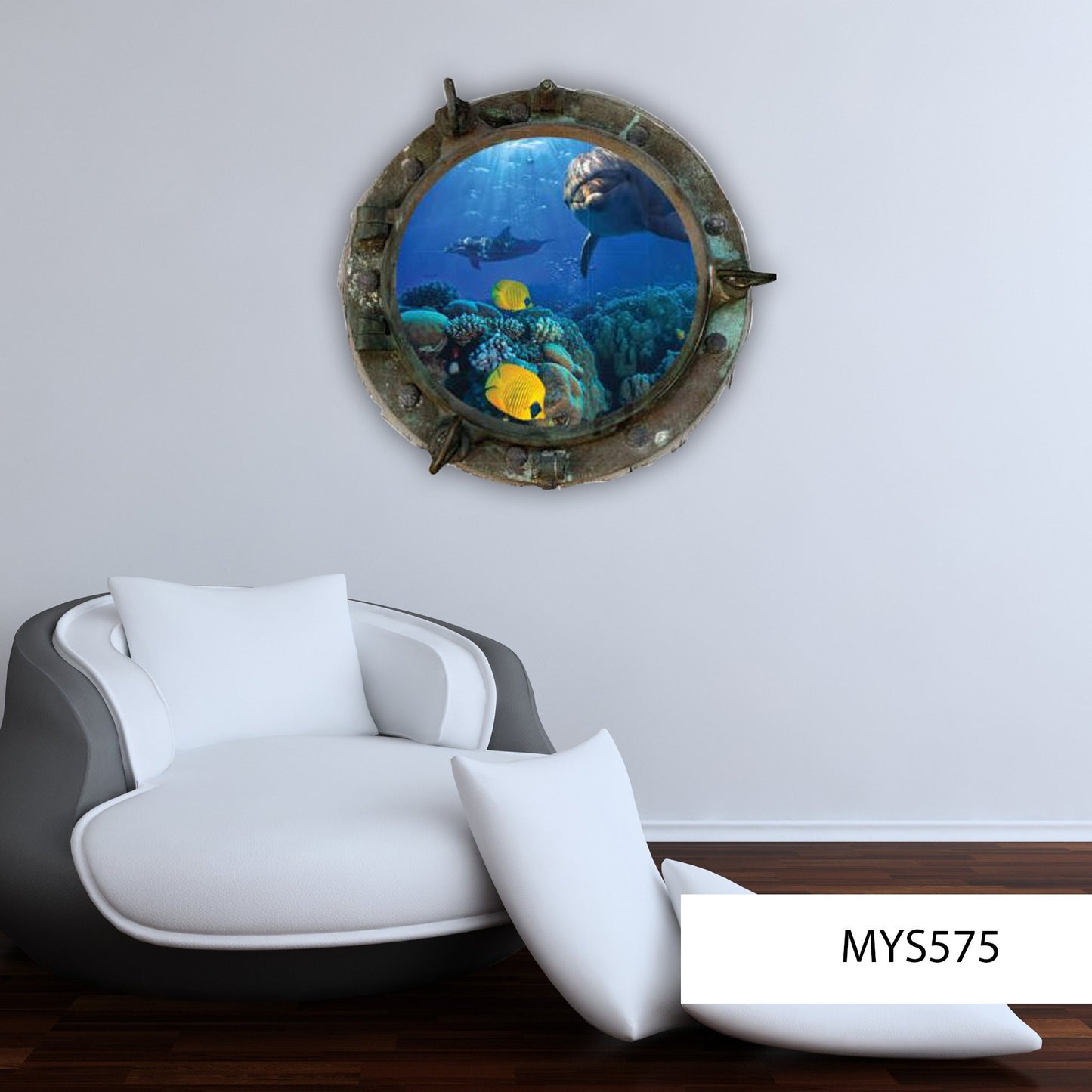 Dolphin Porthole Wall Decal, Coral Reef 3D Window Sticker, Kids Room Decor, Removable Peel and Stick Fish Wall Art, Printed Underwater Mural