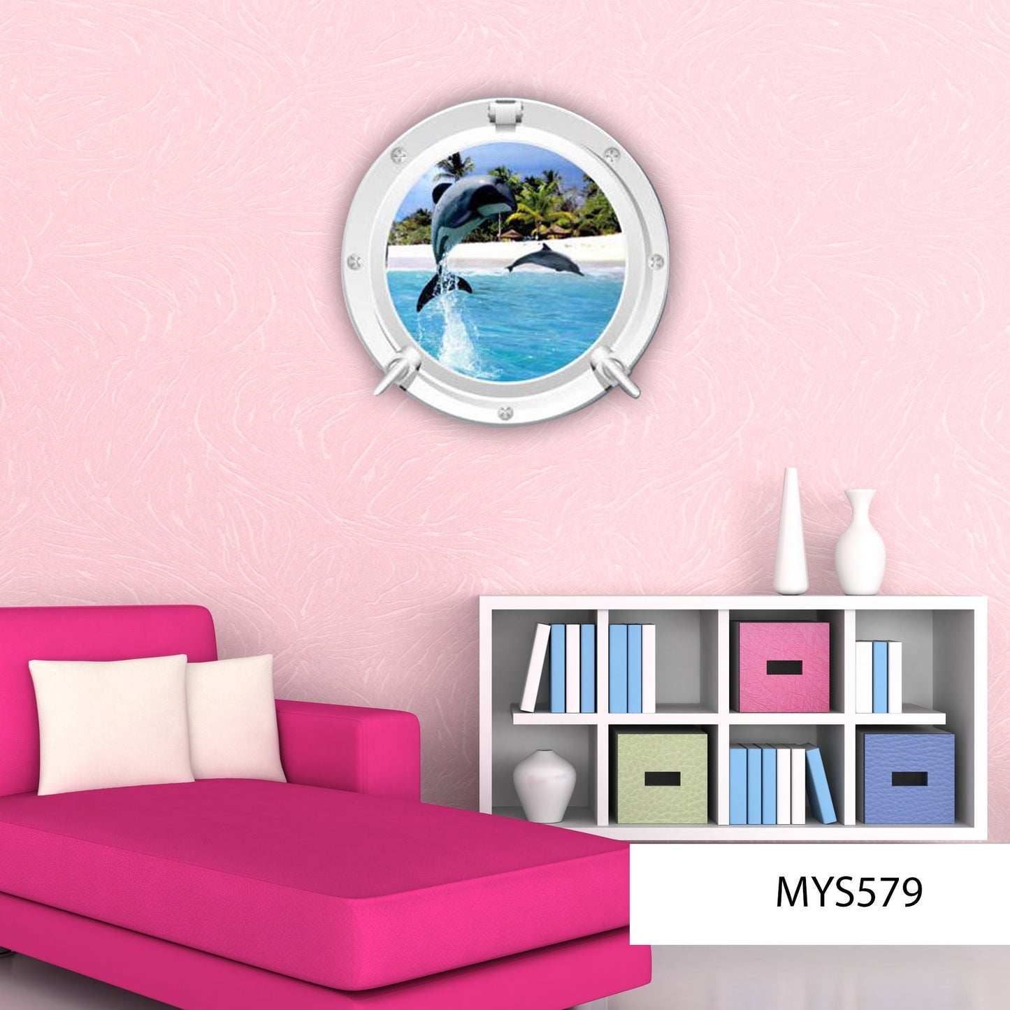 Dolphin Porthole Wall Decal, Beach 3D Window Sticker, Kids Room Decor, Removable Peel and Stick Wall Art, Printed Underwater Mural