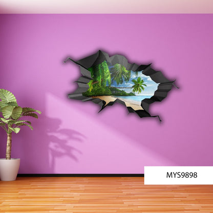 TROPICAL WALL DECAL, 3d Beach View Mural, Beach Room Décor, Palm Tree Decal, 3d Ocean Murals, Broken Wall Decals