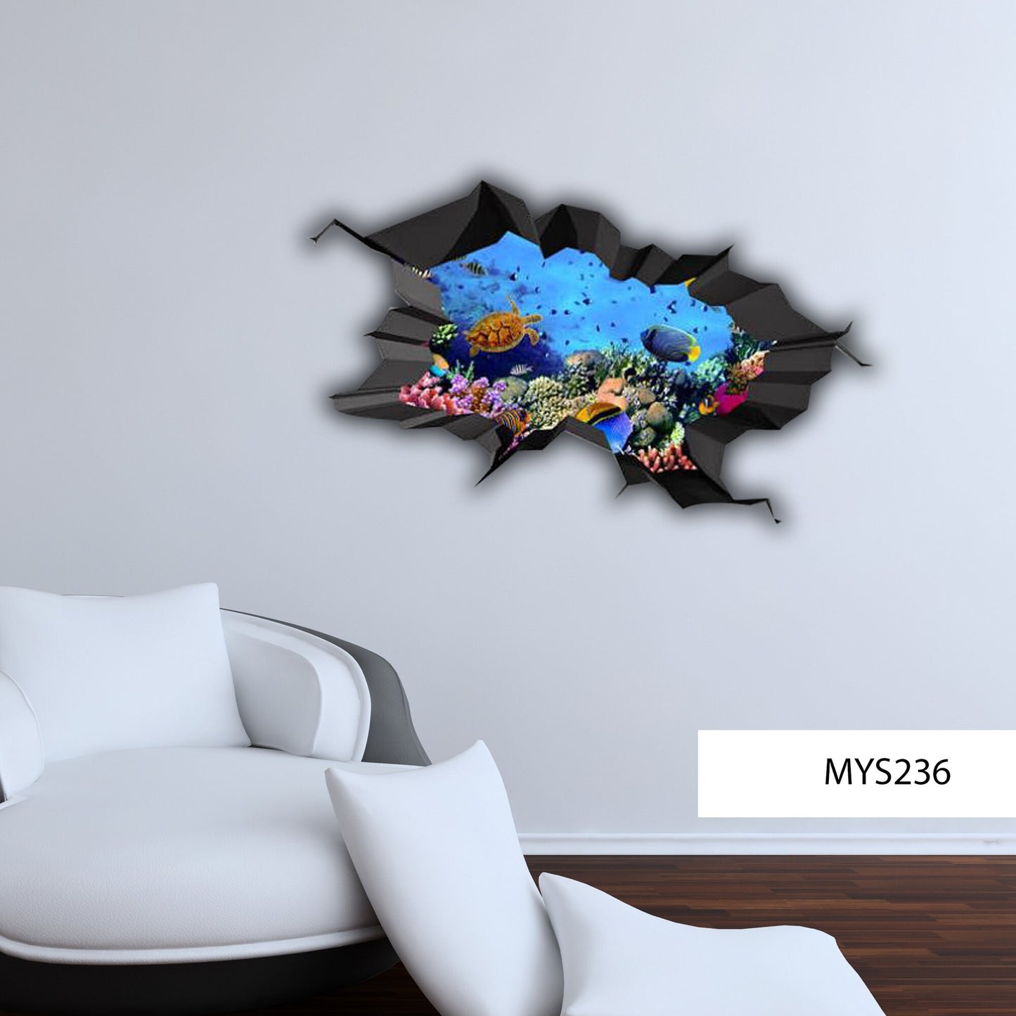 Coral Reef Life 3D Wall Decal, Ocean Deep Sea Fish Wall Sticker, Breakthrough Wall Graphic, Turtle Room Decor, Shark Wall Art, Vinyl Mural