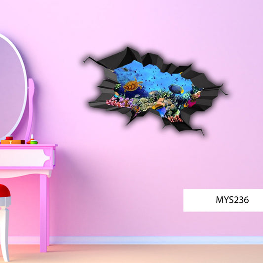 Coral Reef Life 3D Wall Decal, Ocean Deep Sea Fish Wall Sticker, Breakthrough Wall Graphic, Turtle Room Decor, Shark Wall Art, Vinyl Mural