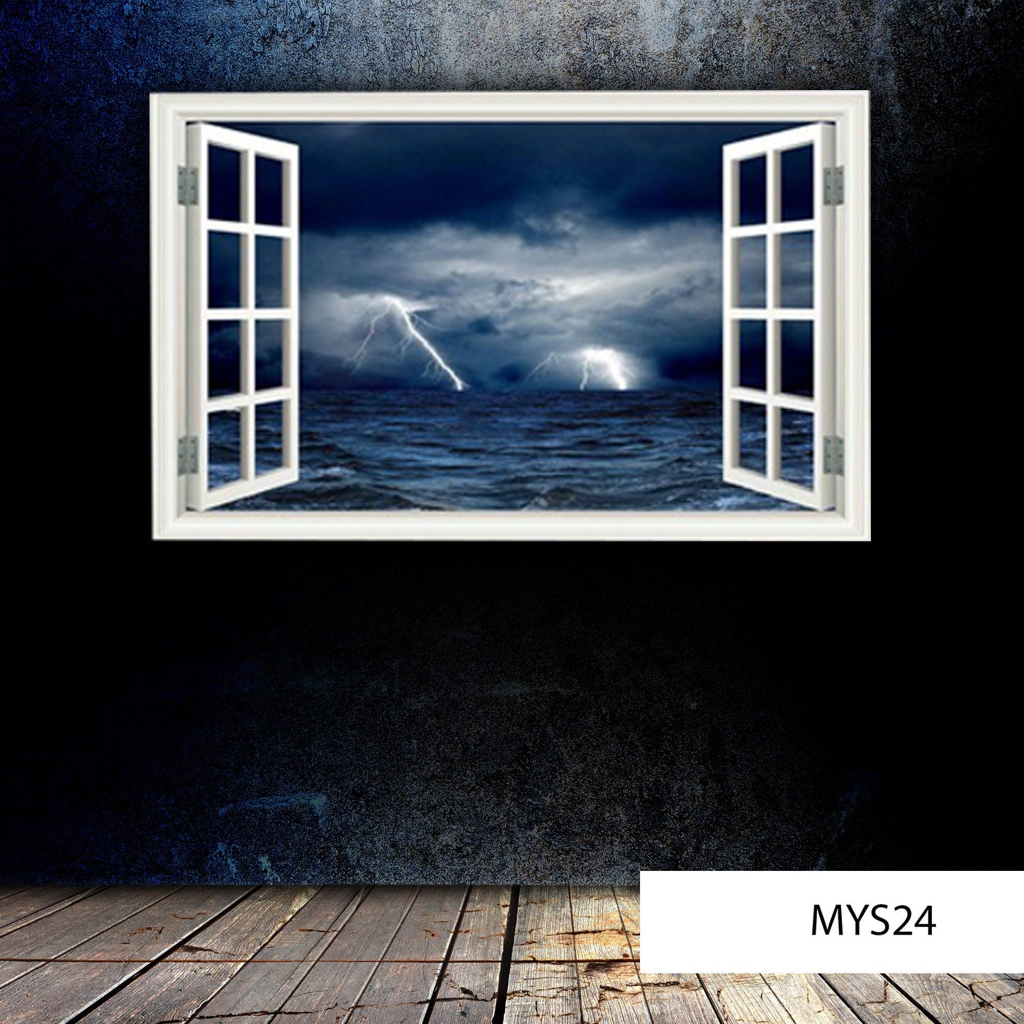 LIGHTNING WALL DECAL, Window Frame View, Stormy Sea Decal, Sea Wall Stickers, Ocean Wave Mural, Wall Art Sticker