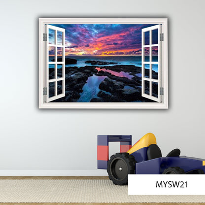 SEA WALL MURAL, Rocks Sticker, Sunset Wall Mural, Landscape Decal, Window View Sticker, Nature Room Decorations, Ocean View Decal