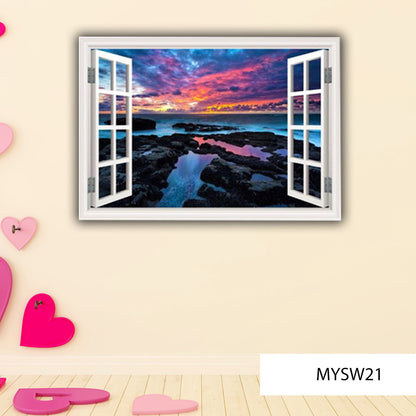 SEA WALL MURAL, Rocks Sticker, Sunset Wall Mural, Landscape Decal, Window View Sticker, Nature Room Decorations, Ocean View Decal