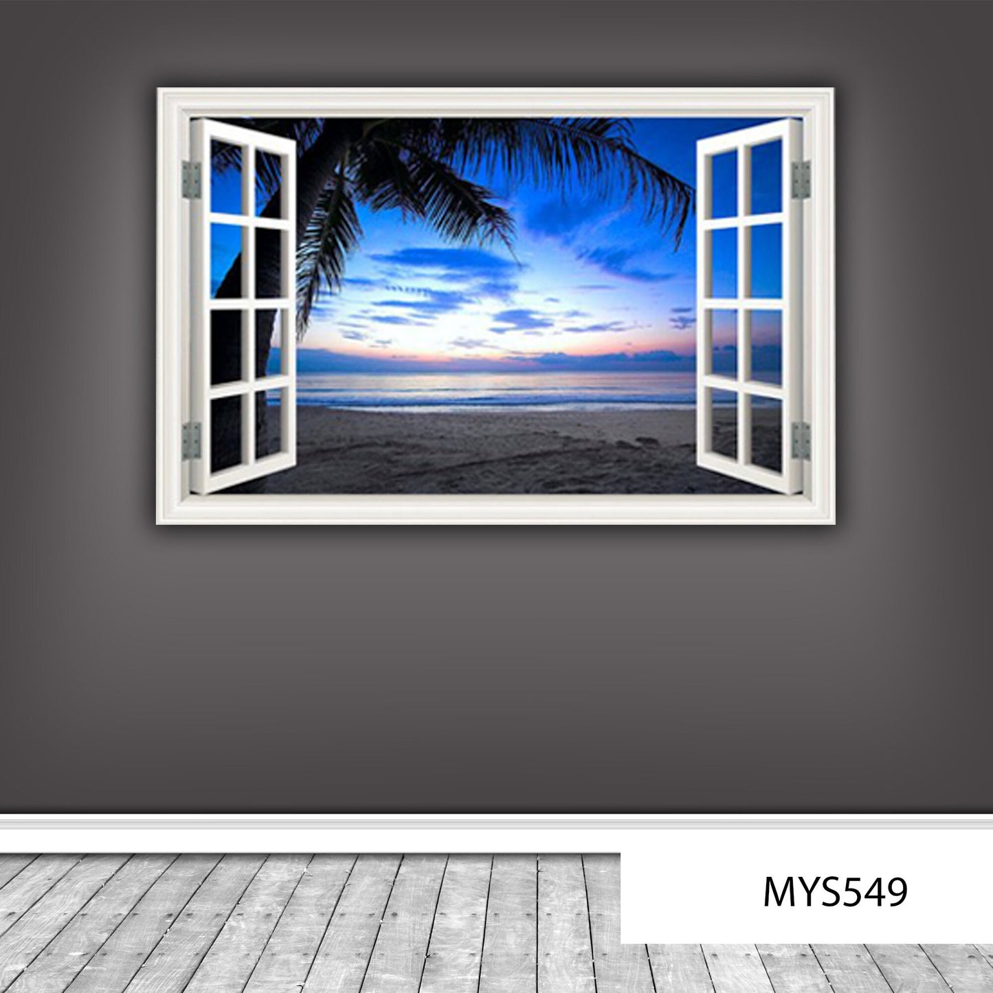 Sunset Beach Wall Decal, Ocean Window Frame Wall Mural, Palmtree and Beach Wall Sticker, Nature Art Room Decor, Removable Wall Decal